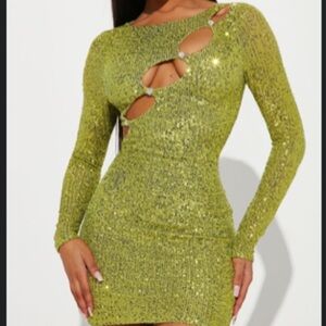 Fashion Nova Lime Sequin Long Sleeve Dress